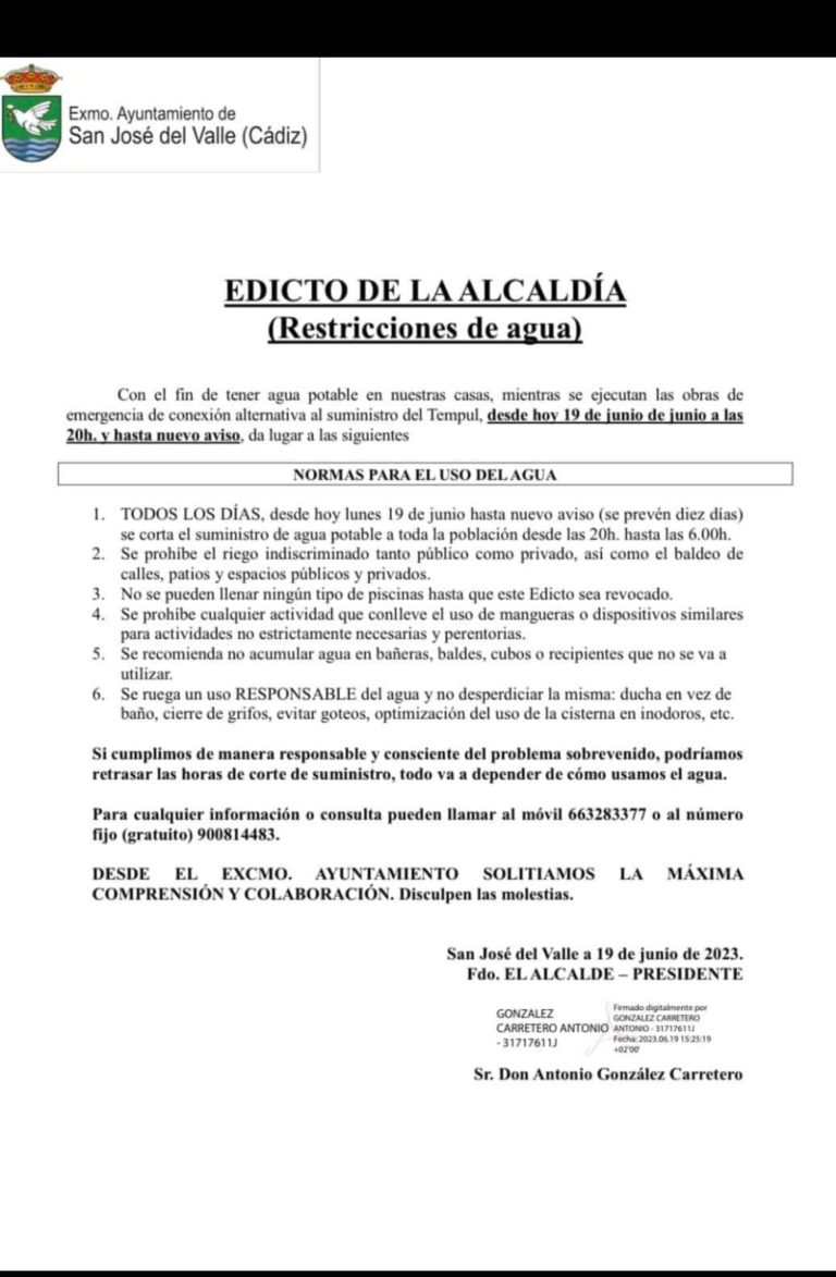 San José del Valle aplica restricciones de agua desde hoy